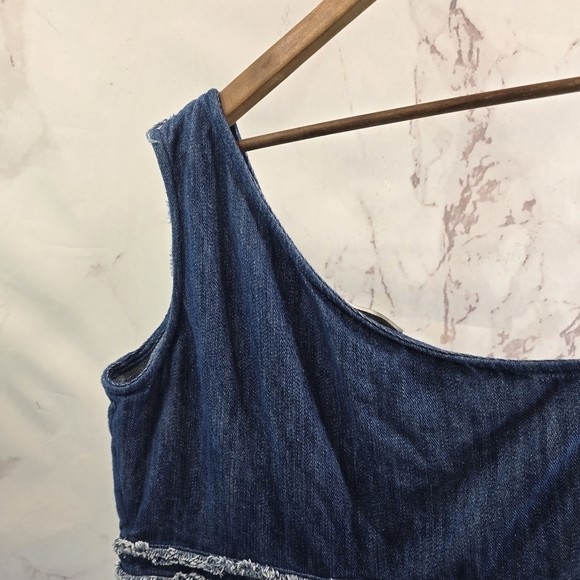 Alexis Blakely Romper Womens Large Chambray Denim Ruffle One Shoulder - Picture 9 of 15